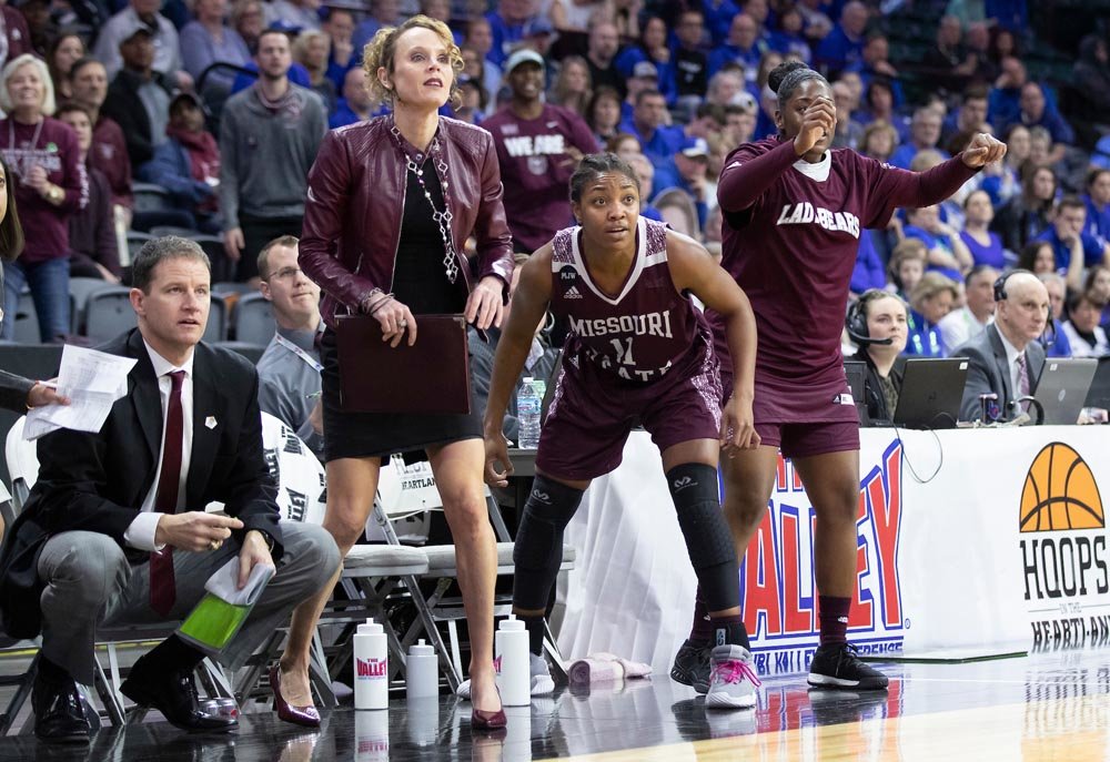 Former assistant coach Jackie Stiles works the sideline at a Missouri State University Lady Bears basketball game.